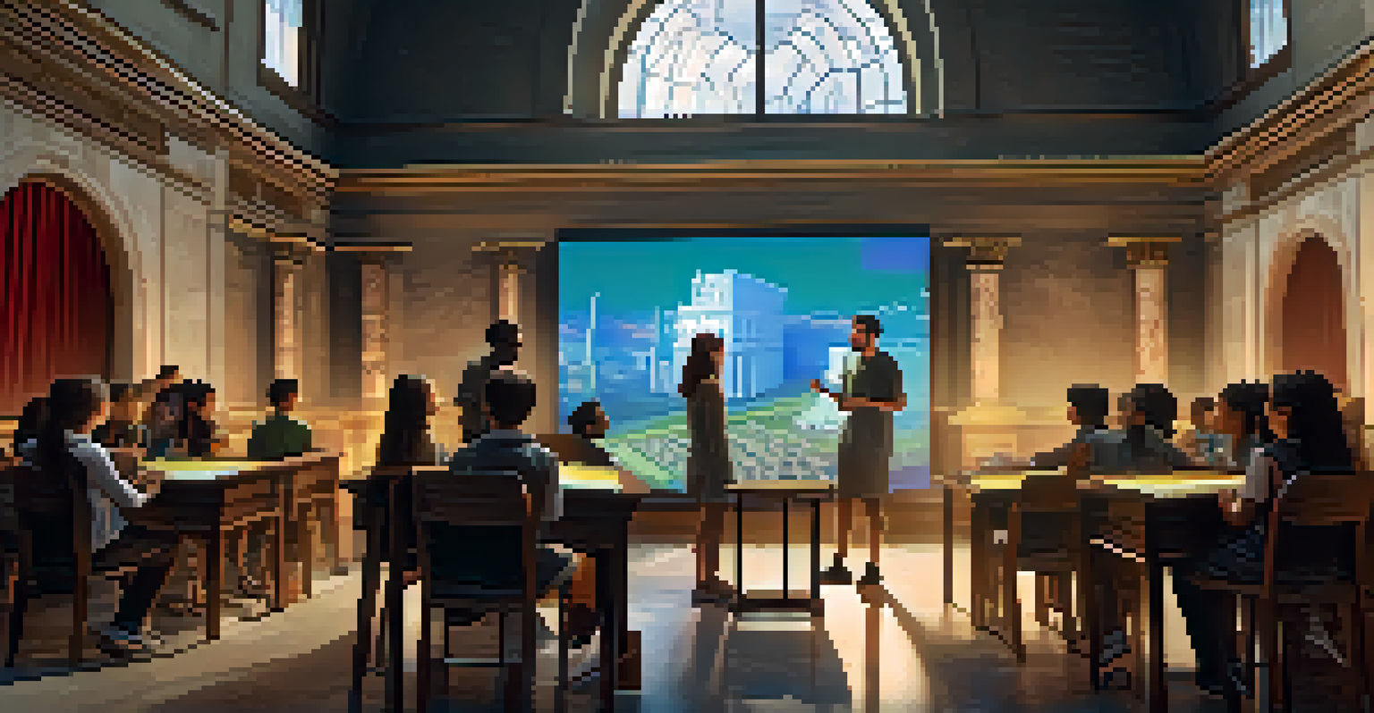 A classroom with a teacher and students using augmented reality to explore ancient Rome through a holographic display, creating an immersive learning environment.