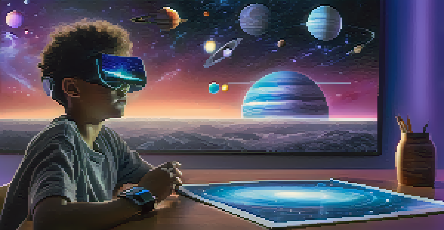 A student wearing augmented reality glasses, surrounded by a digital projection of the solar system.