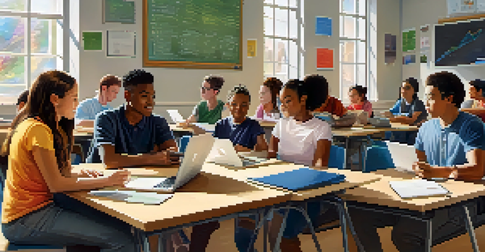 A diverse group of students discussing technology in a colorful classroom, with laptops and tablets on their desks and sunlight streaming in through the windows.