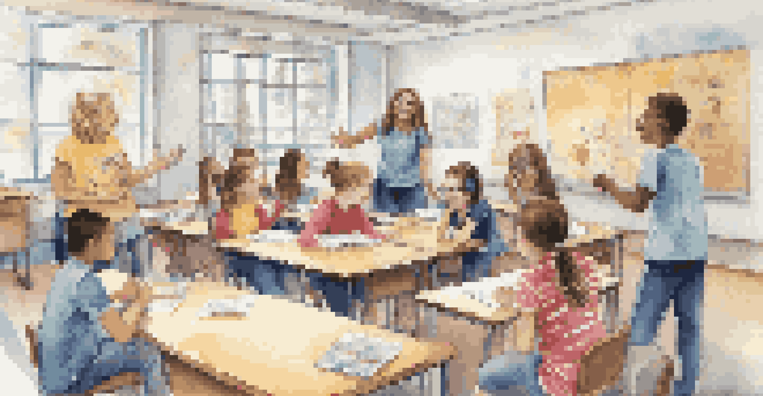 Students actively engaged in a role-playing activity in a colorful classroom with a supportive teacher observing.