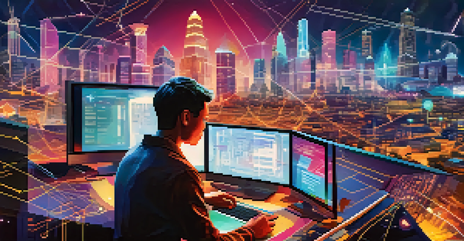 A person exploring a digital landscape filled with icons of data analysis, coding, and cybersecurity against a futuristic city backdrop.
