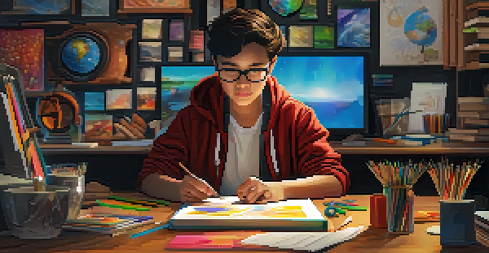 A student engaging in self-directed learning at a desk with digital art tools and a computer displaying colorful artwork.