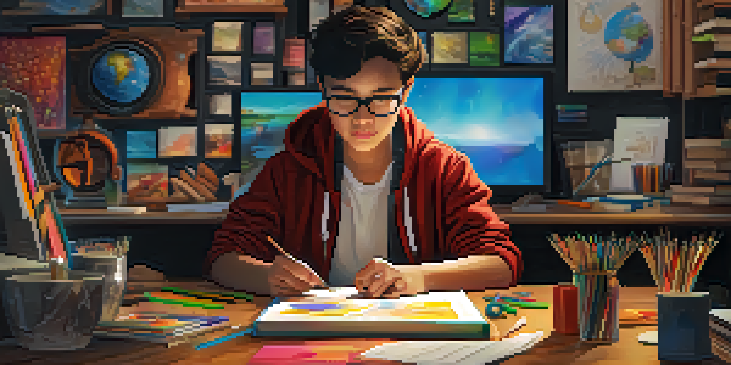A student engaging in self-directed learning at a desk with digital art tools and a computer displaying colorful artwork.