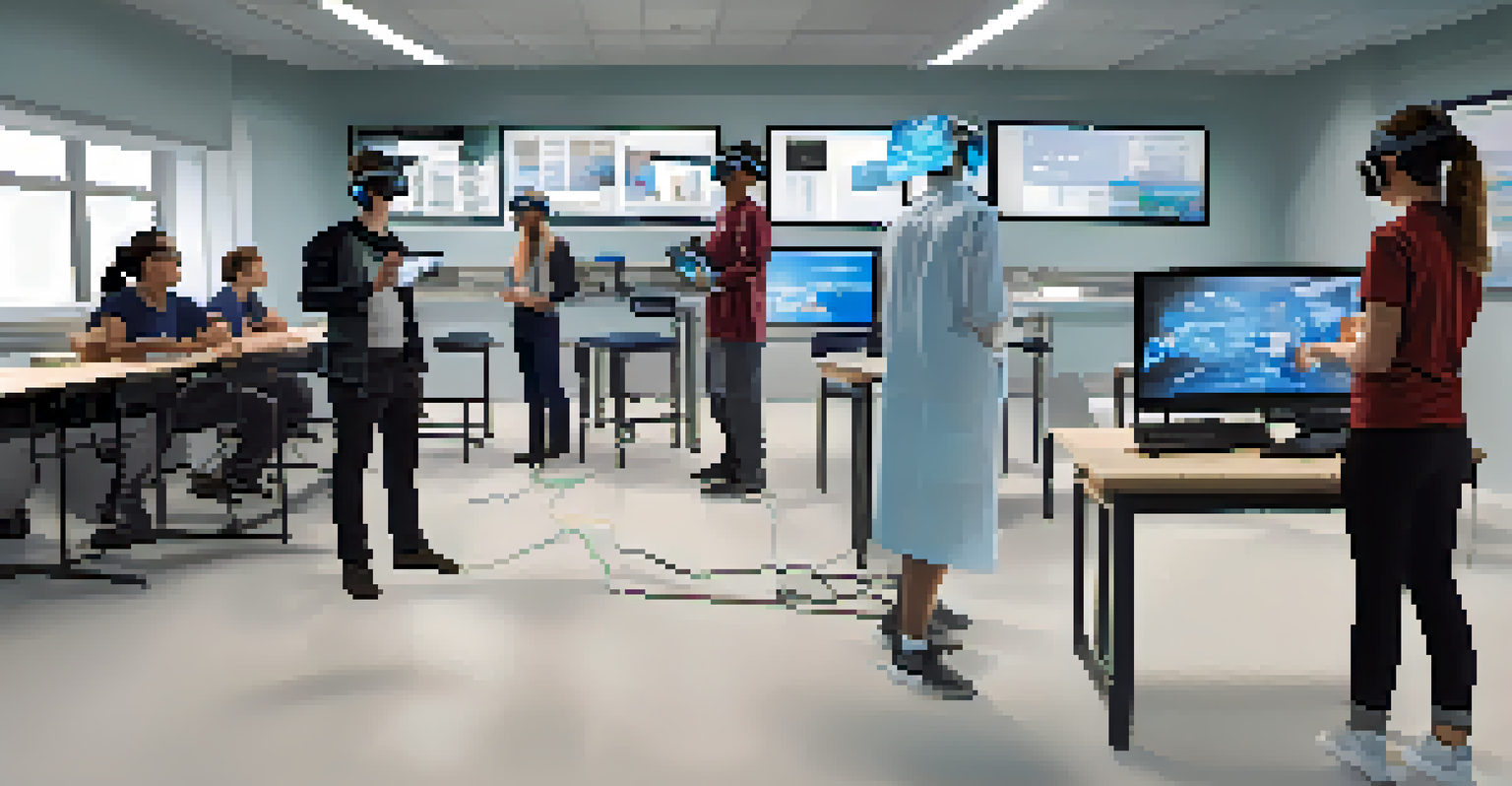 A student wearing a VR headset engaged in a realistic healthcare training simulation, with monitors showing assessment data.