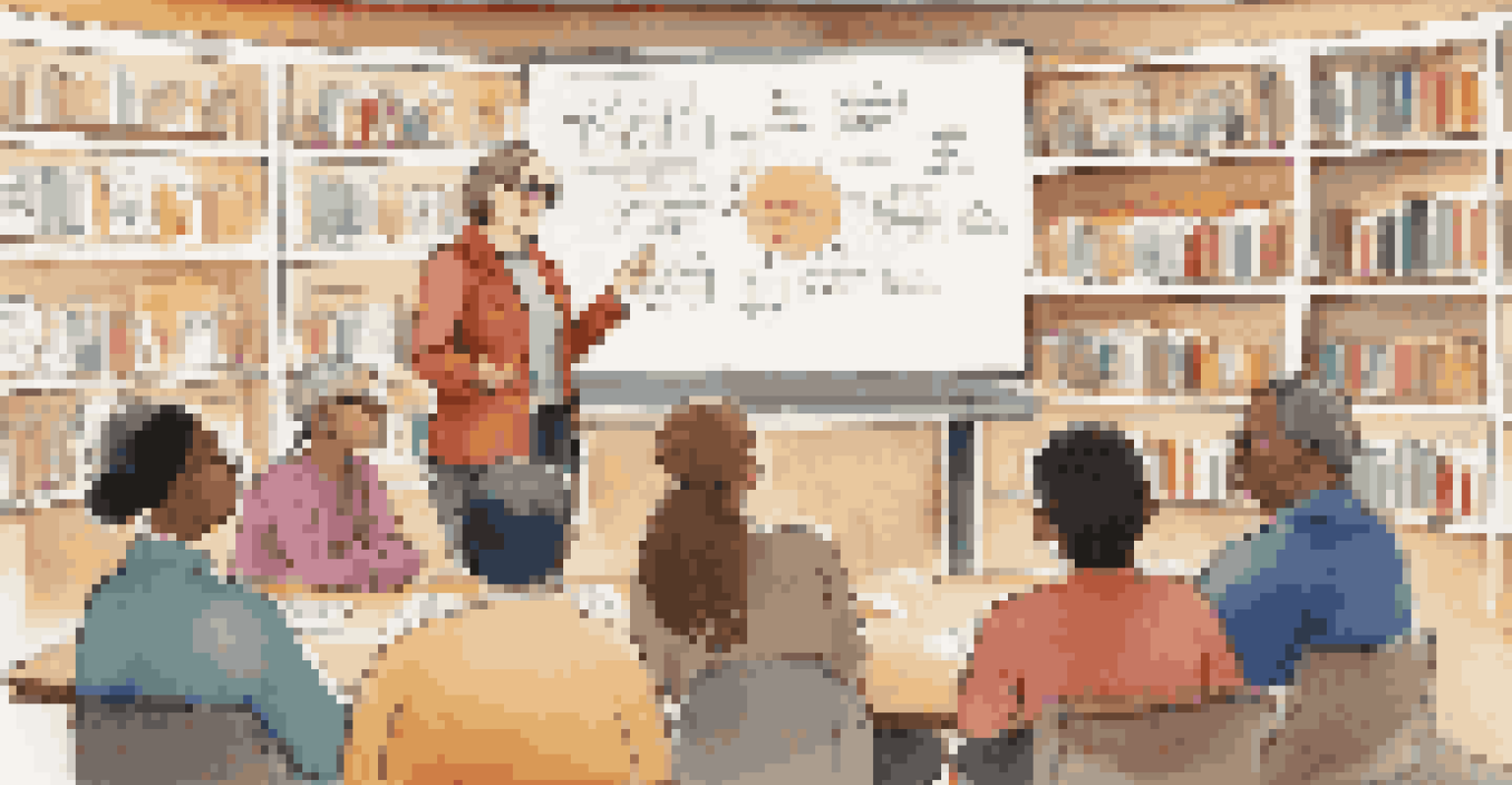 An educator in a library guiding a group discussion, with students seated in a semi-circle and colorful diagrams on a whiteboard.