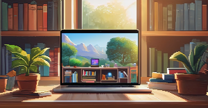 A warm and inviting online classroom with a laptop on a desk, showing a video conferencing session, surrounded by books and a plant.