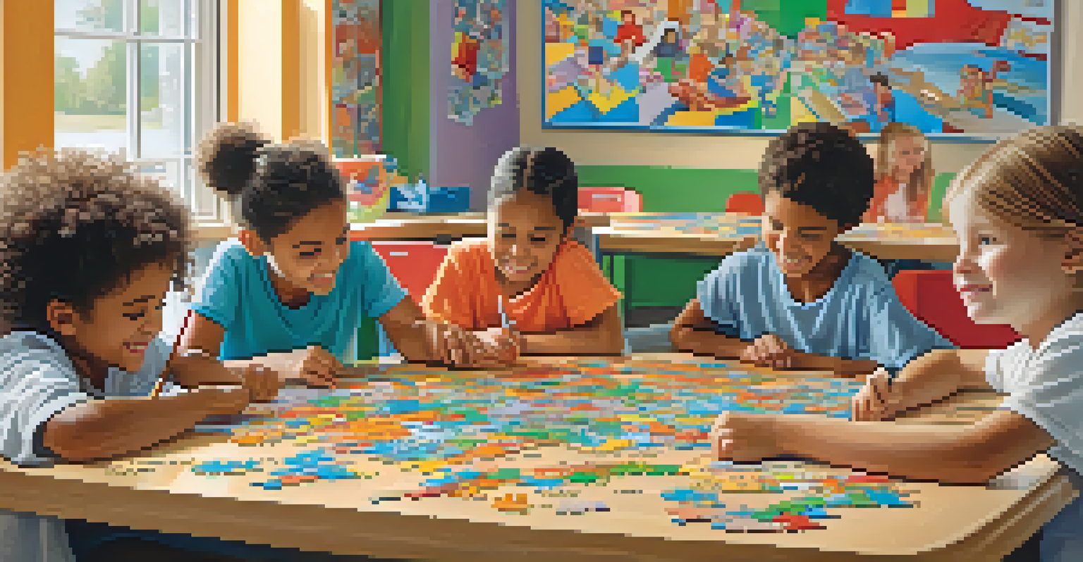 Children collaborating on a puzzle at a bright table, with pieces scattered around and focused expressions.