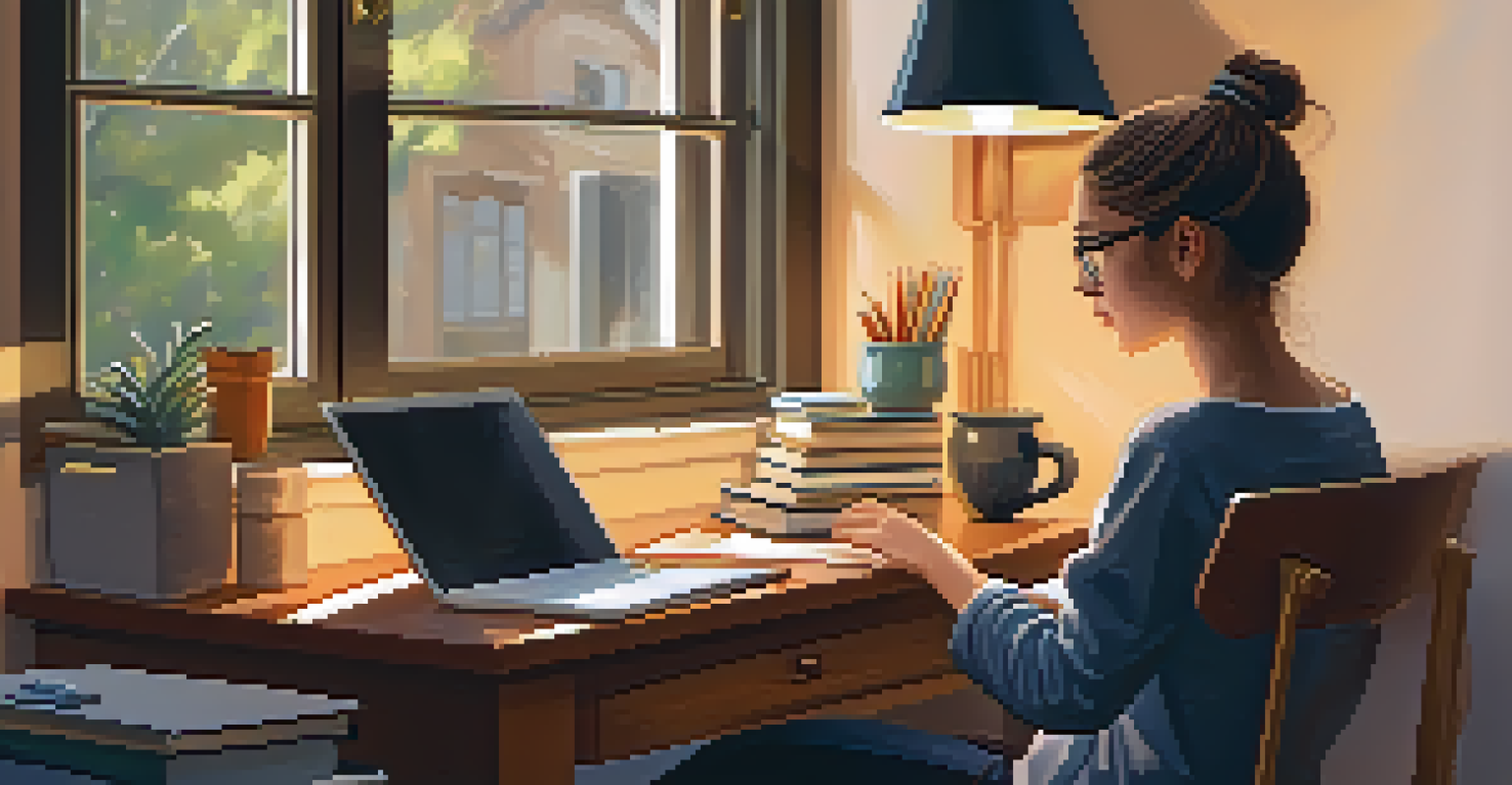 A student working on a laptop in a cozy home office, with a coffee cup and books on the desk, illuminated by warm sunlight.