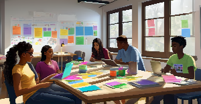 A group of diverse students collaborating at a table with laptops and sticky notes in a bright learning space.