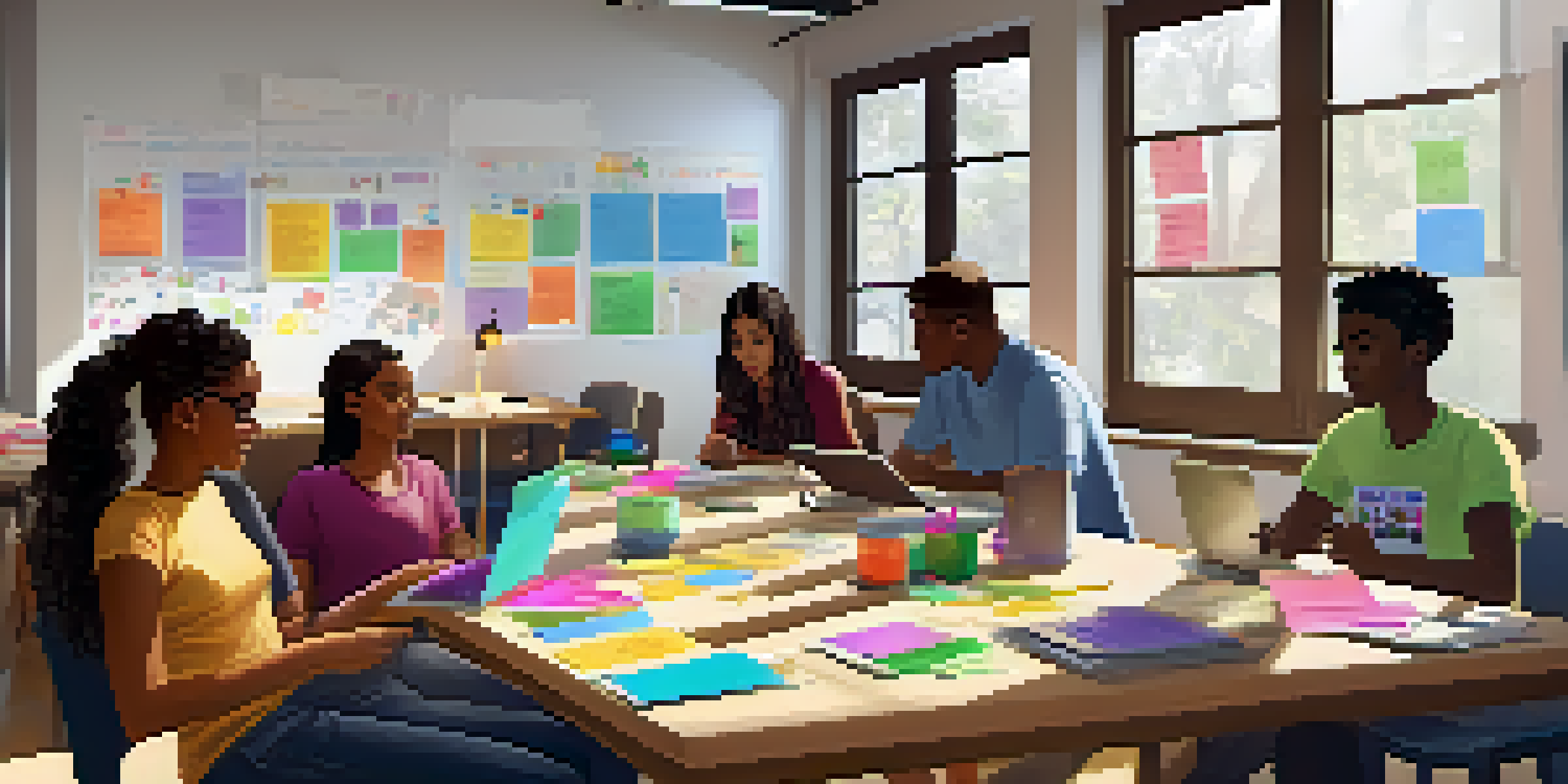 A group of diverse students collaborating at a table with laptops and sticky notes in a bright learning space.