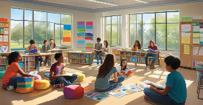 A lively classroom with students collaborating and discussing, bright sunlight filtering through windows, surrounded by educational materials.