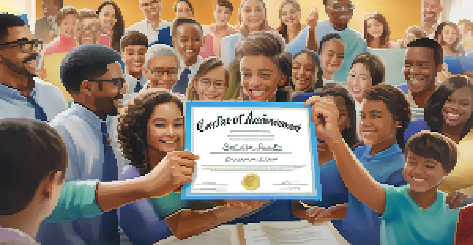 A hand holding a certificate of achievement with blurred adult learners celebrating in the background, conveying a sense of accomplishment.