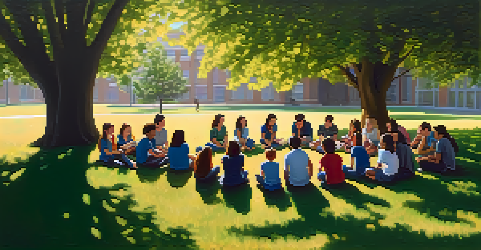 Students from diverse backgrounds sitting in a circle on a grassy field, sharing their thoughts in a supportive school environment under warm sunlight.