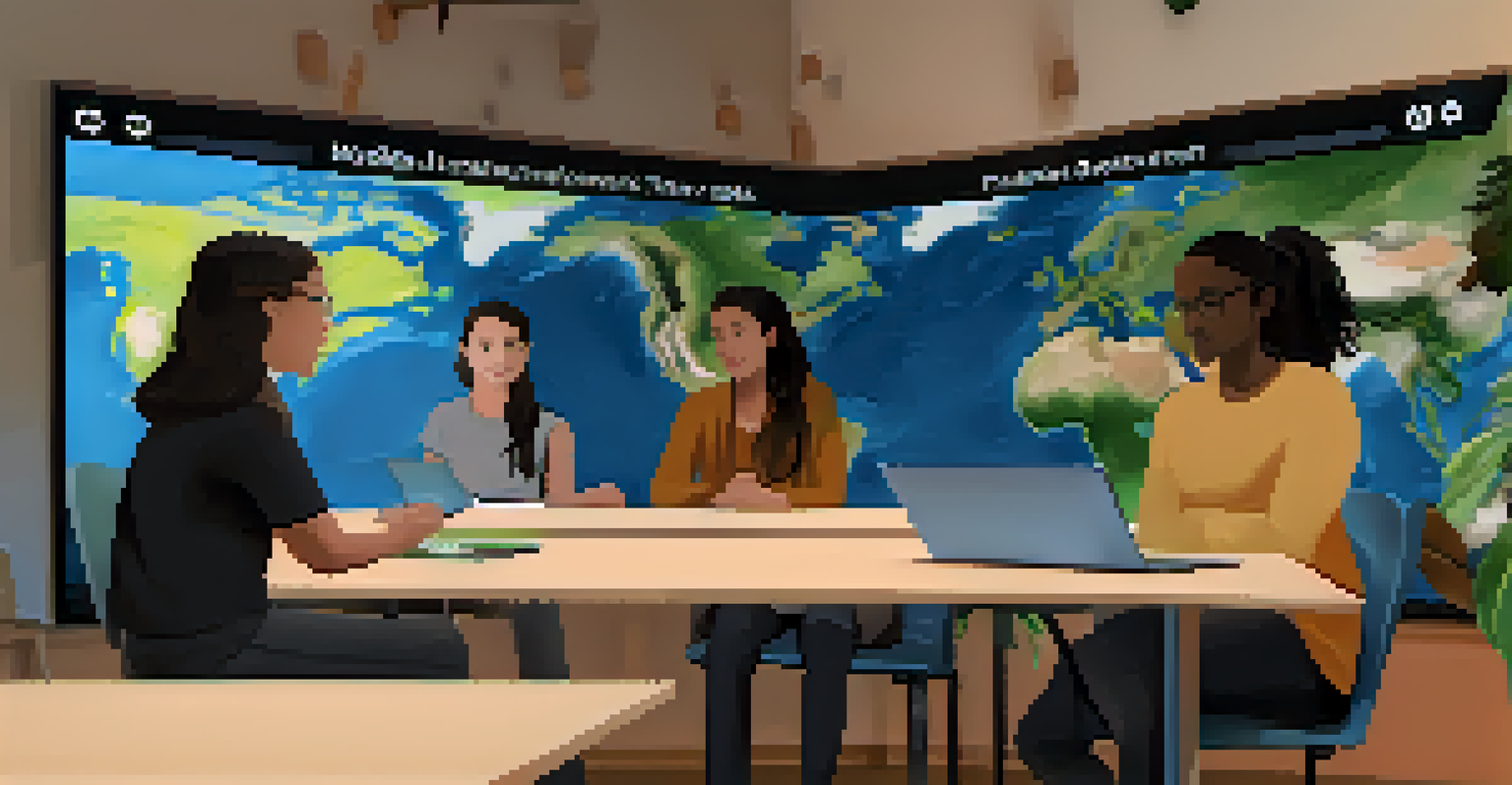 Students from various countries participating in a virtual meeting about climate change, displayed on a screen in a cozy room with plants.