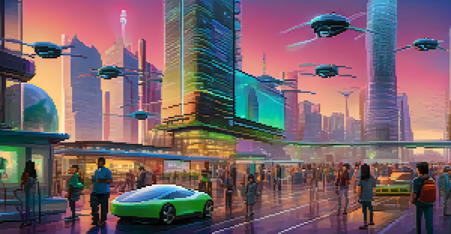 A futuristic city at dusk featuring innovative buildings and people engaging with digital boards promoting STEM education.