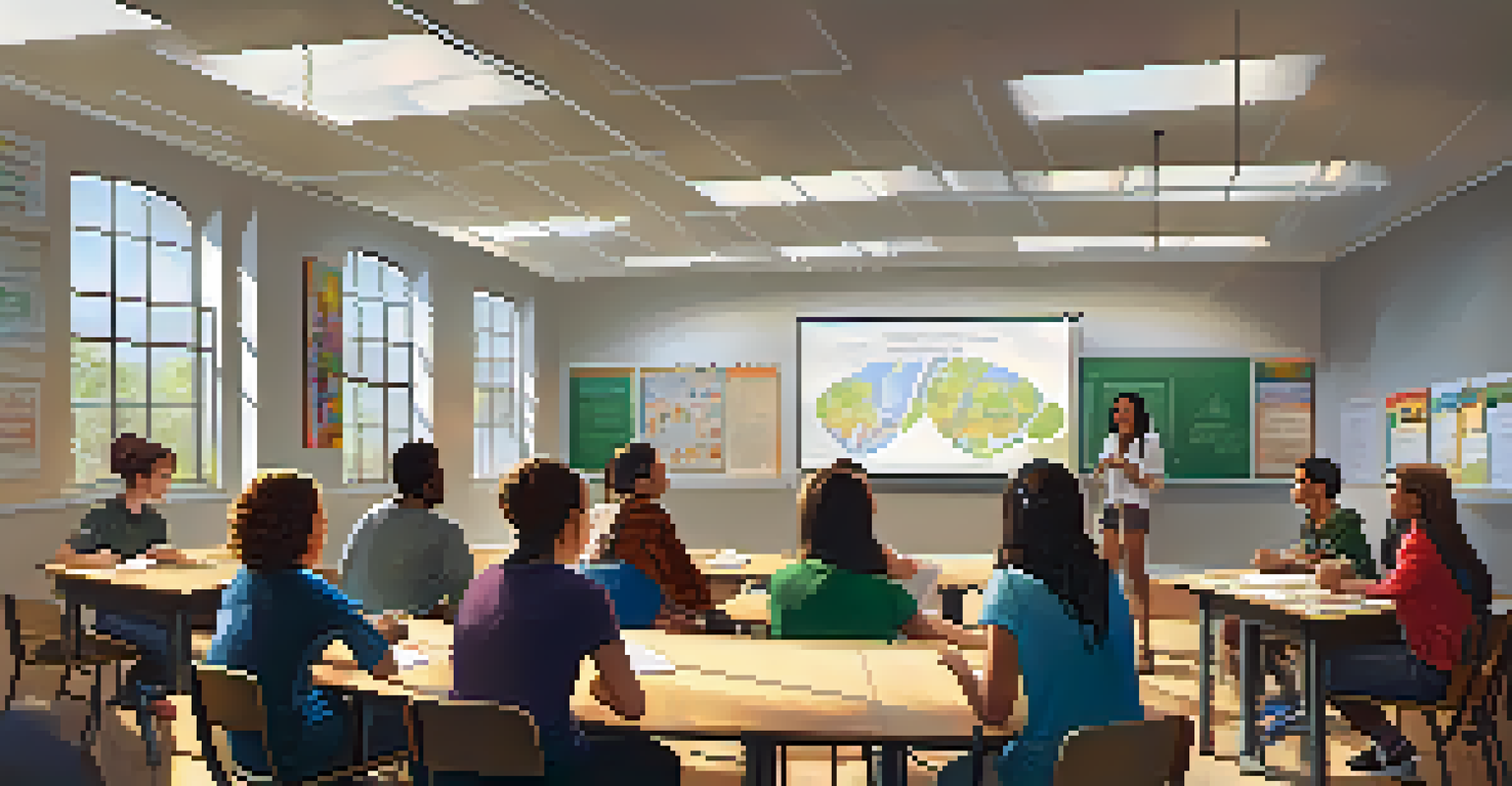 Students participating in a debate in a classroom, with a teacher observing and a whiteboard displaying key discussion points.