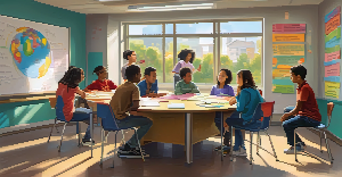 A classroom with students engaged in peer teaching, one student explaining a math concept to a group of attentive peers, surrounded by colorful posters and a whiteboard filled with diagrams.