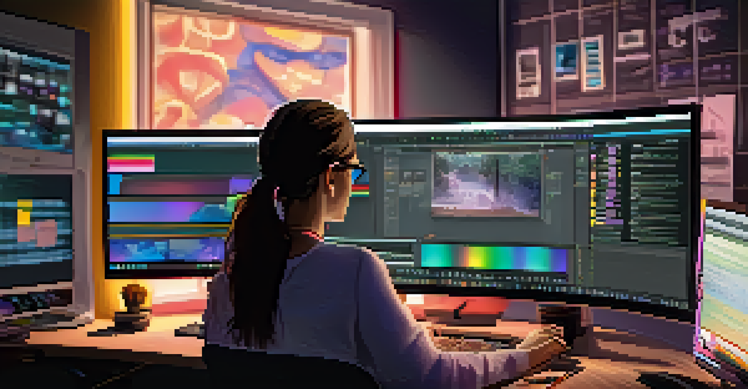 An educational video editor working in a modern editing suite with a computer monitor showing editing software.