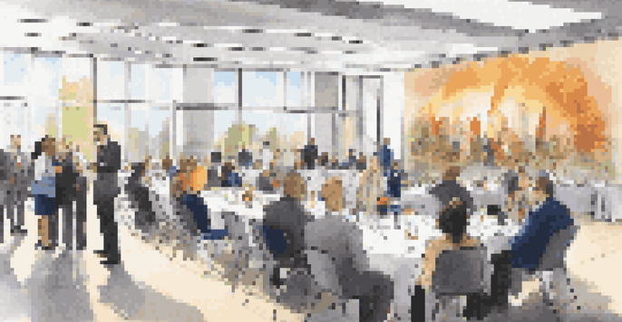 A lively scene of an alumni networking event in a bright conference hall, with groups of diverse people talking and banners in the background.