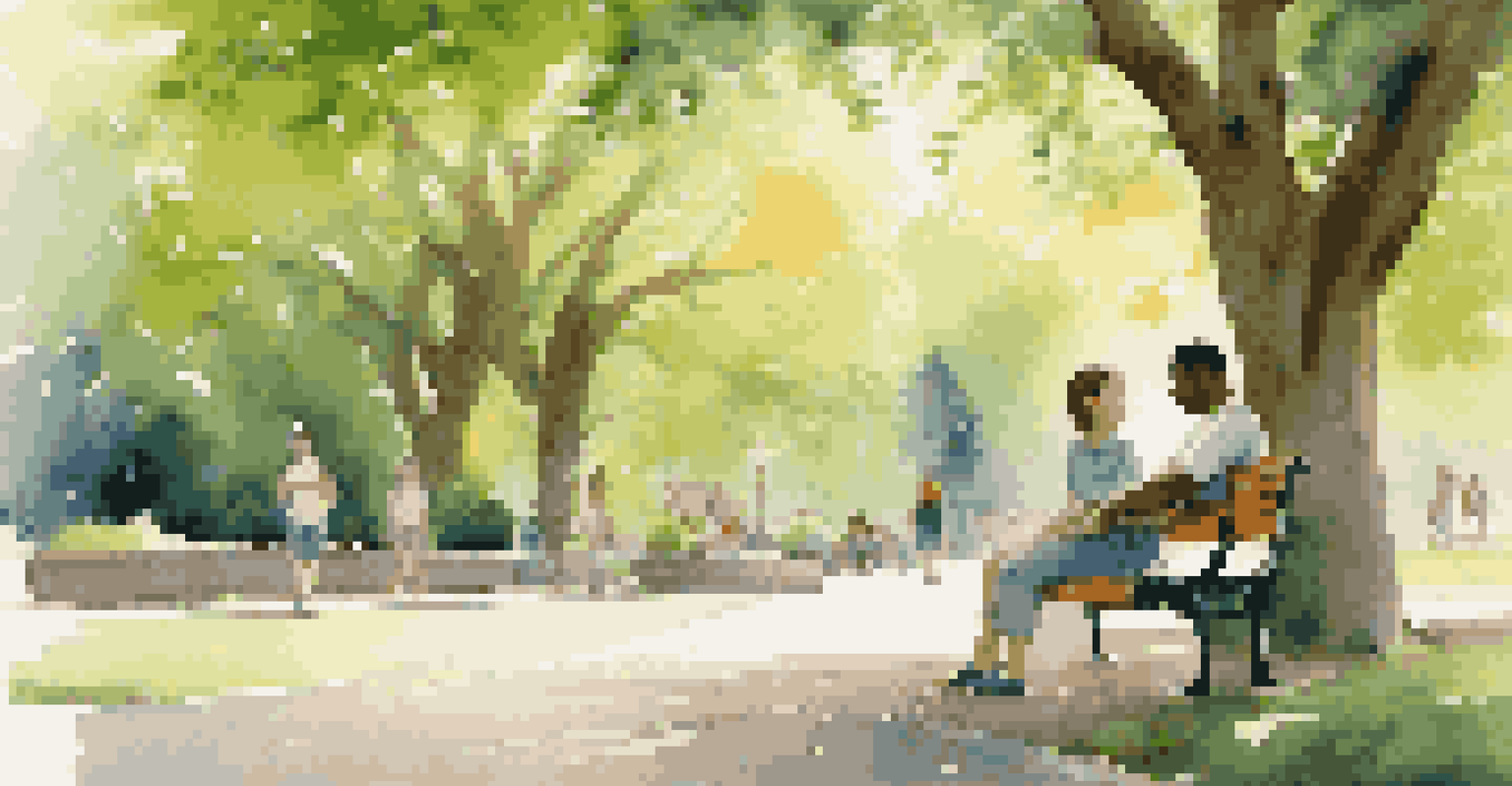 A parent and child seated on a bench in a park, engaged in a heartfelt conversation about school transitions amid a lively, green environment.