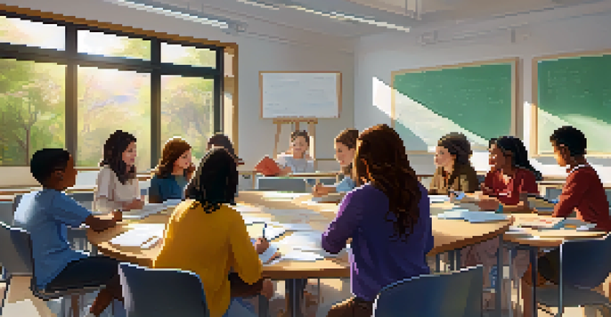 A diverse group of students collaborating in a well-lit classroom, discussing ideas around a round table with colorful notes on a whiteboard.