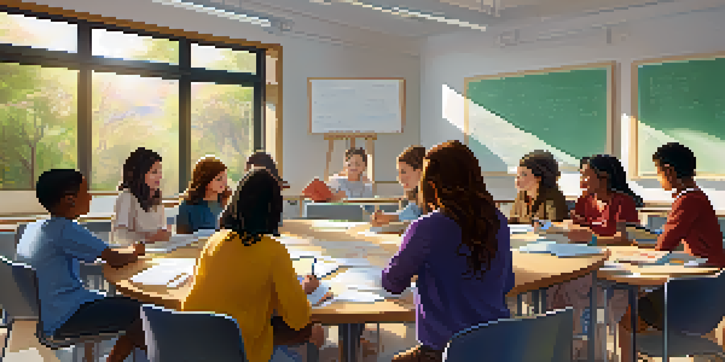A diverse group of students collaborating in a well-lit classroom, discussing ideas around a round table with colorful notes on a whiteboard.