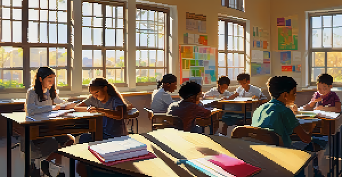 A bright classroom filled with diverse students engaged in reflective learning, with sunlight streaming through the windows and colorful stationary on their desks.