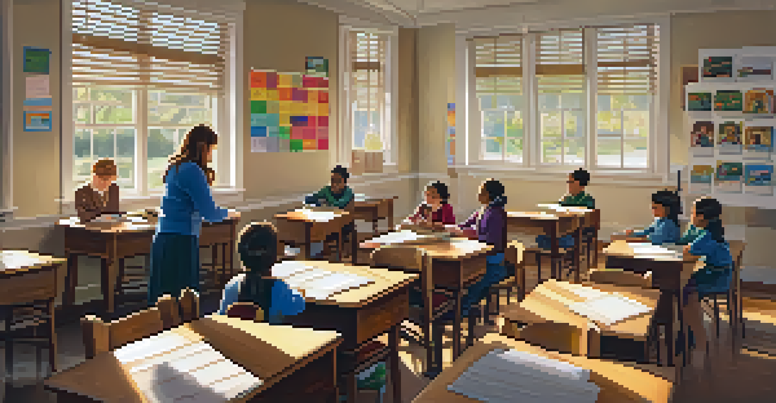 A classroom with a teacher giving a lesson, parents watching attentively, and educational materials decorating the room.