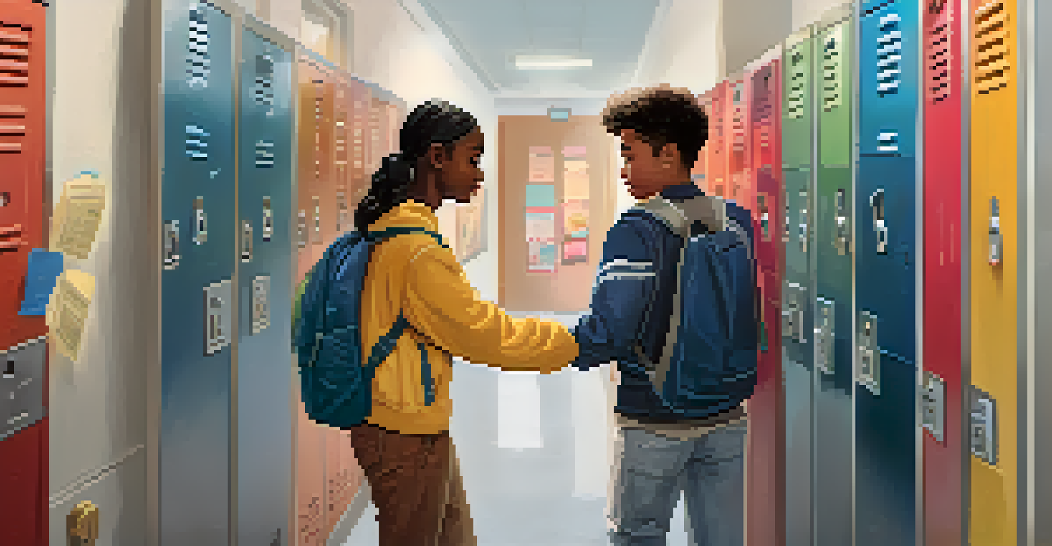 A student comforting another at their locker in a busy school hallway, showcasing kindness and support with colorful banners promoting mental health awareness in the background.