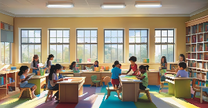 A classroom with children collaborating on learning activities, surrounded by bright educational materials and soft sunlight.