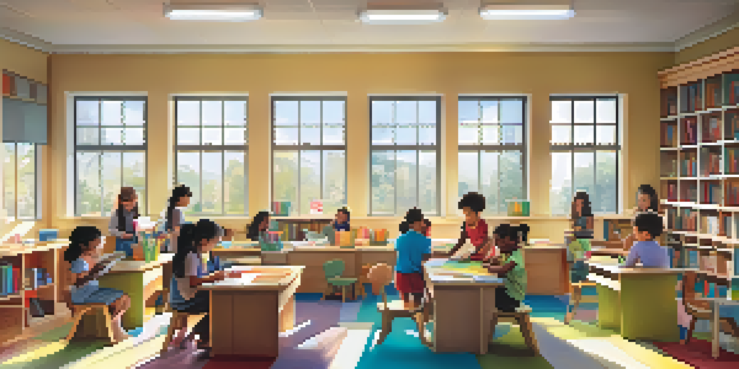 A classroom with children collaborating on learning activities, surrounded by bright educational materials and soft sunlight.