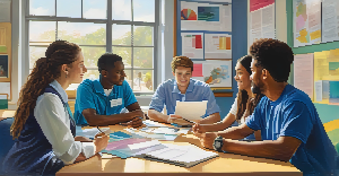 A diverse group of students in a career counseling session with a counselor in a bright office.