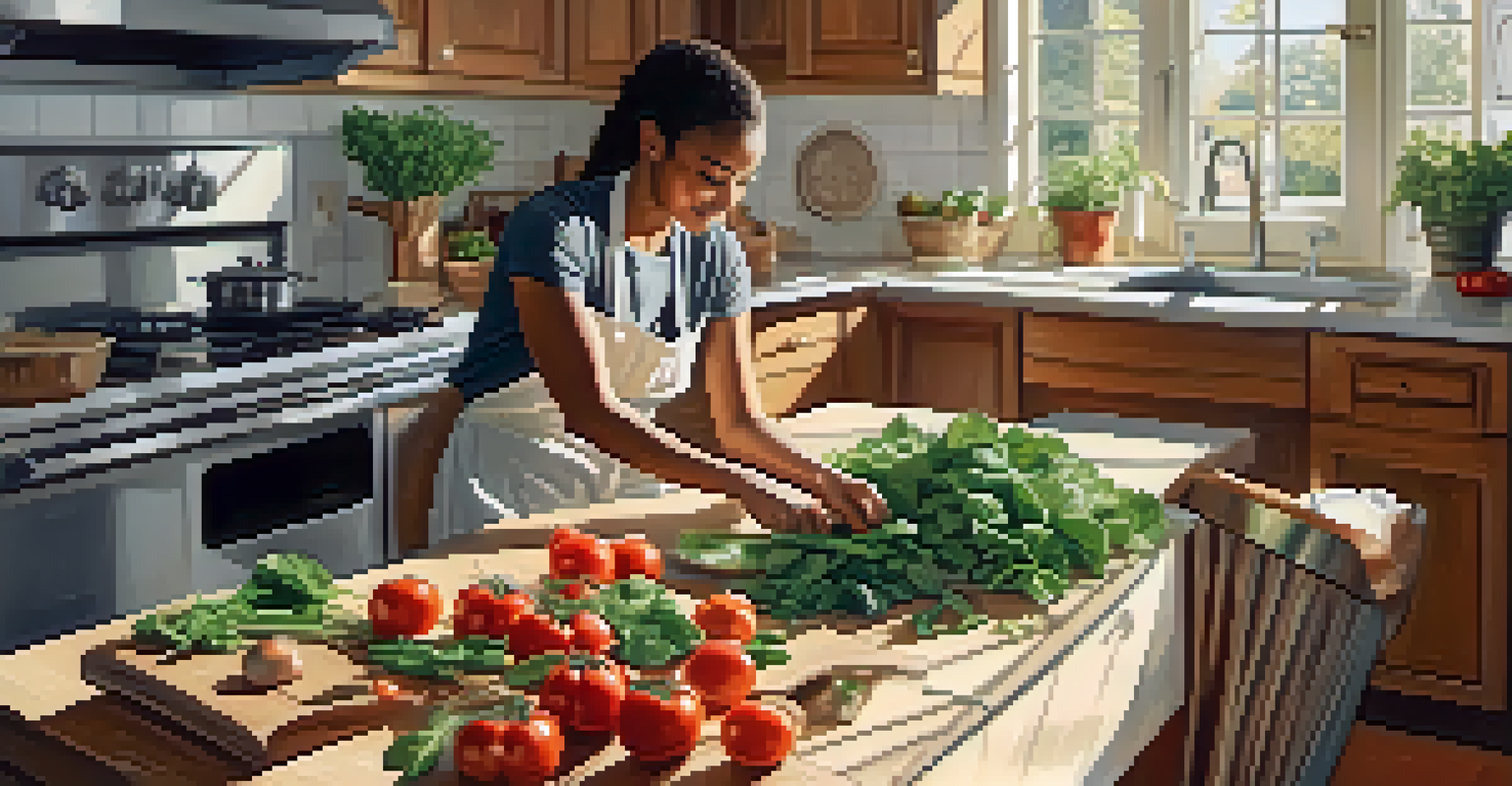 A person chopping vegetables in a bright, modern kitchen, surrounded by fresh ingredients for a healthy meal.