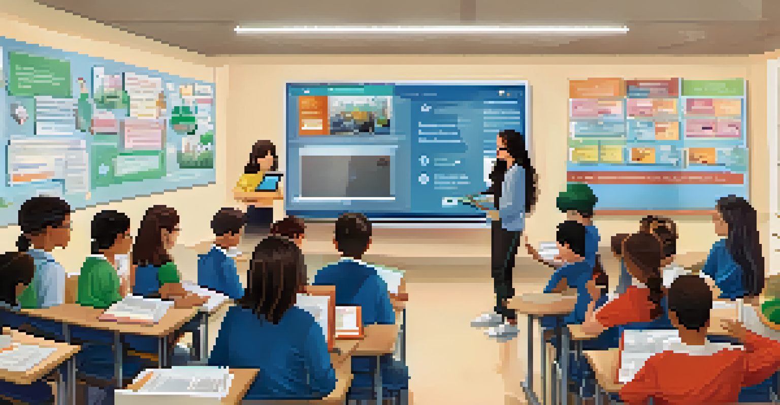 A classroom scene where a teacher teaches students about digital citizenship and ethical technology use.