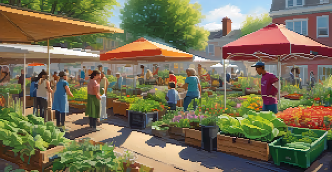 A lively community garden where people of various ages are planting and tending to vegetables, with a workshop happening in the background under a colorful awning.