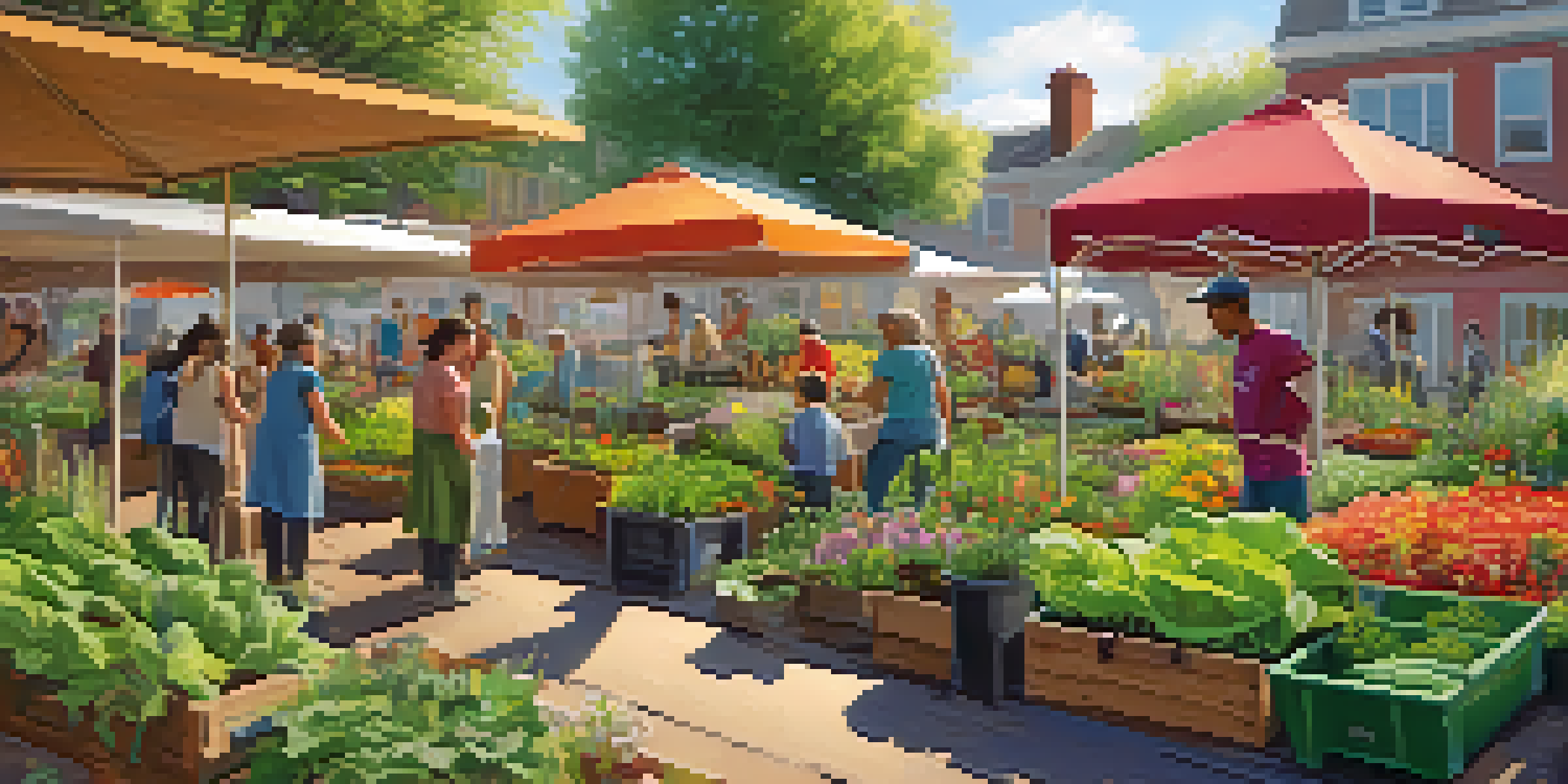 A lively community garden where people of various ages are planting and tending to vegetables, with a workshop happening in the background under a colorful awning.