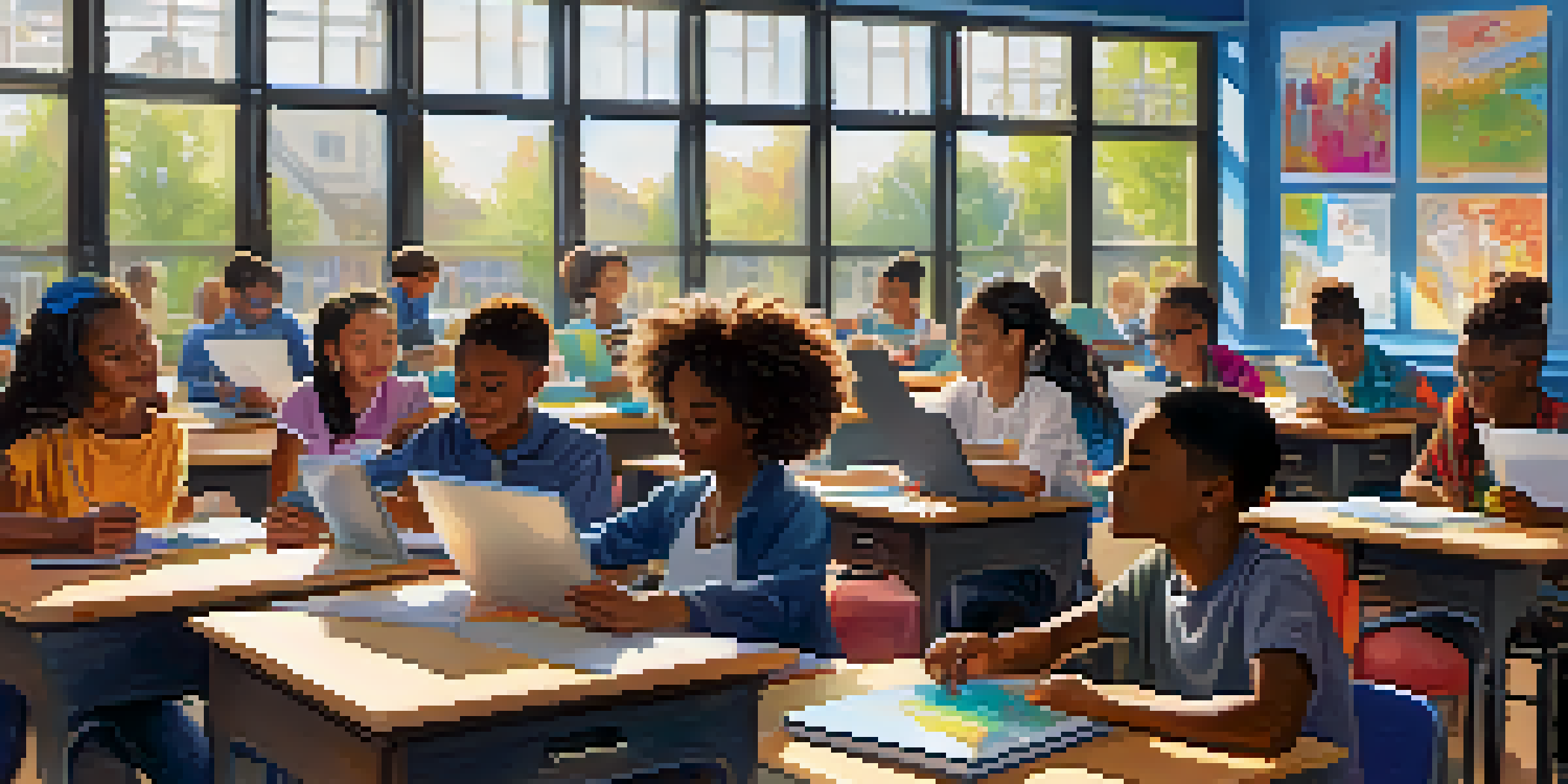 A colorful classroom with diverse students working on personalized learning tasks and a teacher assisting them.