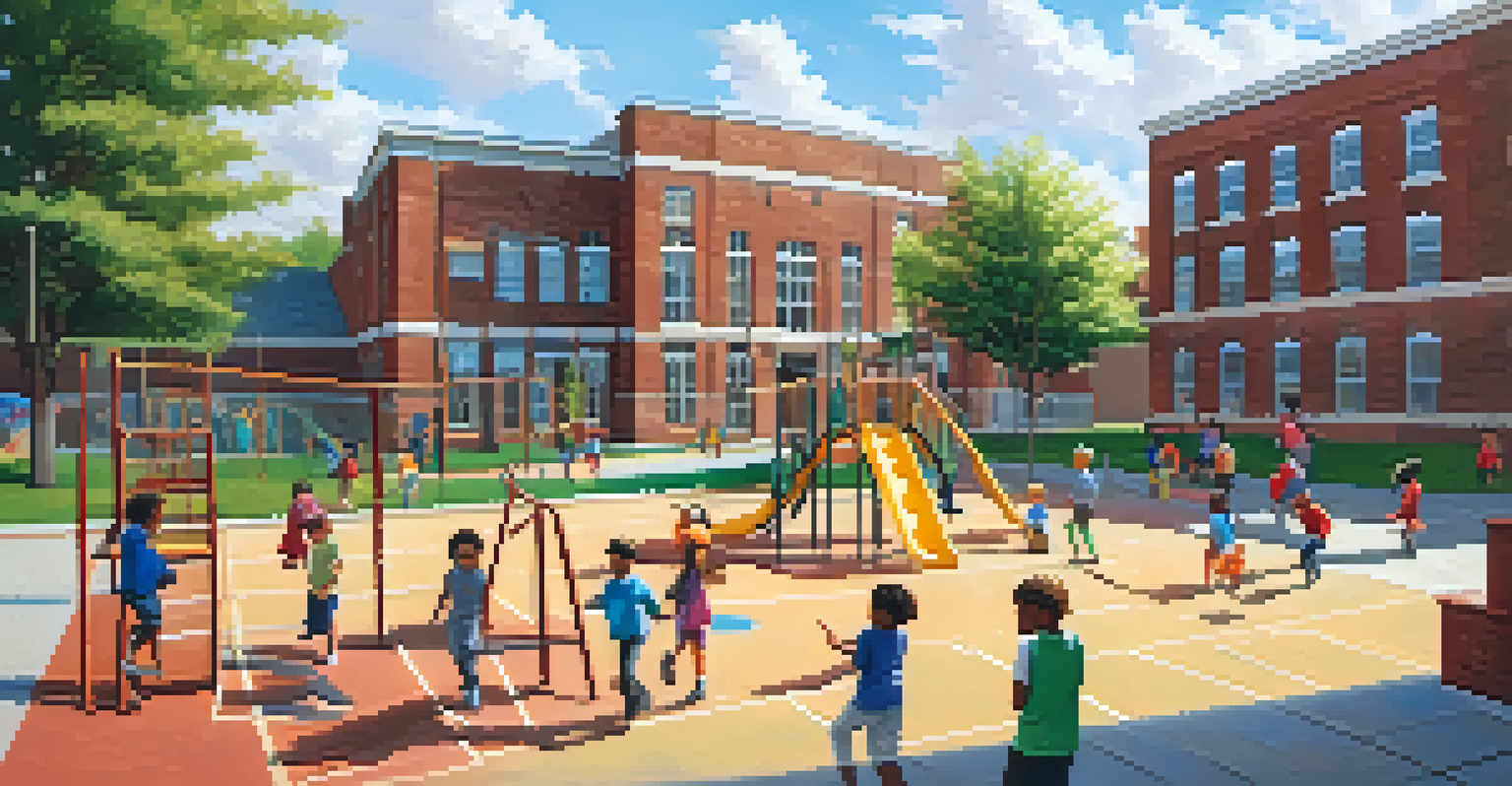 Children playing on a playground during recess at a sunny schoolyard.