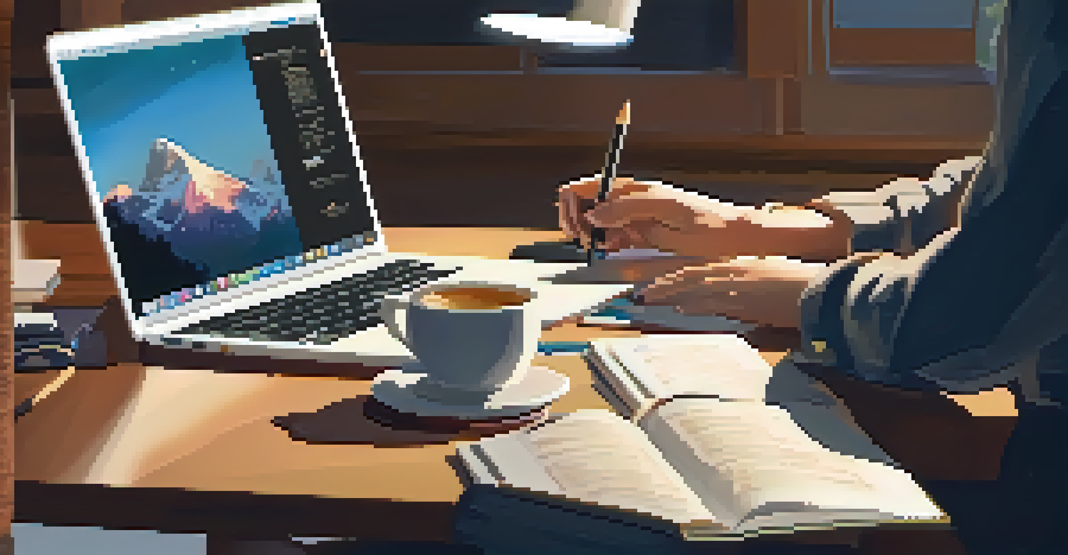 A close-up of a student's hands typing on a laptop surrounded by study materials, highlighting engagement in online learning.