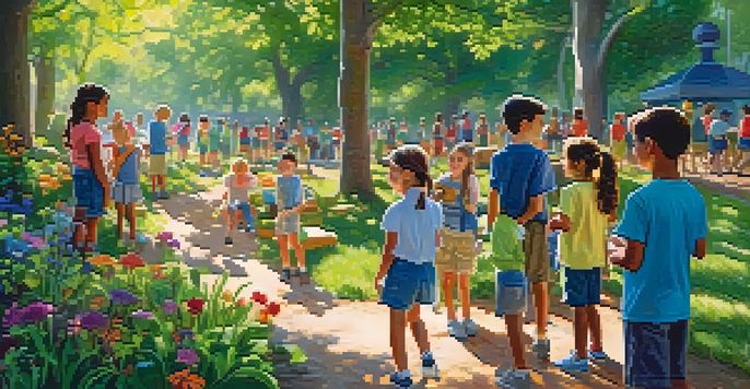 Children of diverse backgrounds participating in a nature scavenger hunt in a bright outdoor classroom filled with trees and flowers.