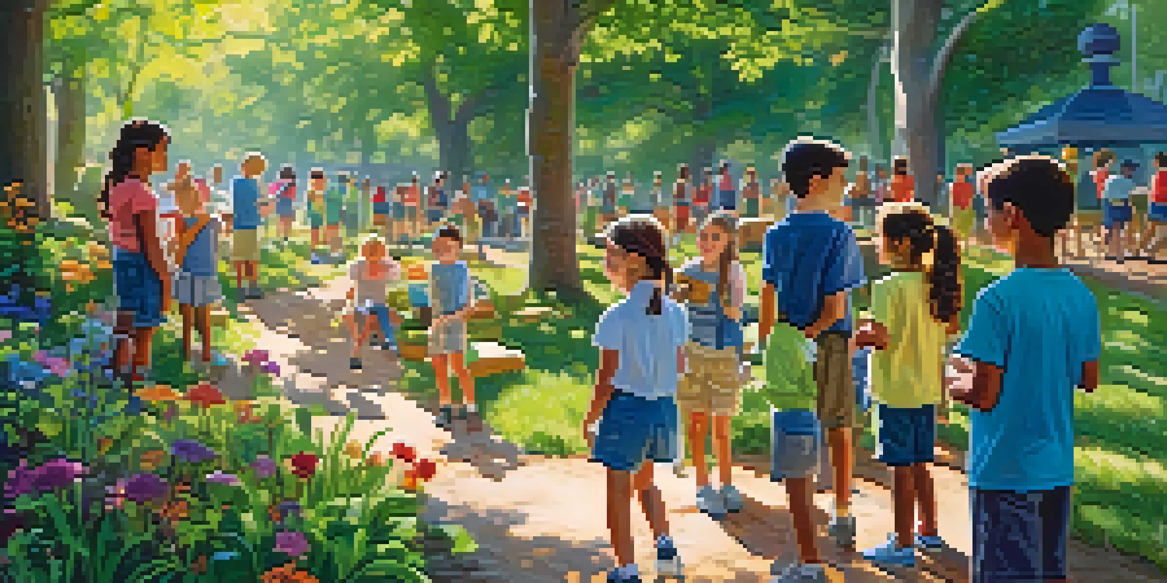 Children of diverse backgrounds participating in a nature scavenger hunt in a bright outdoor classroom filled with trees and flowers.