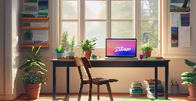 A cozy study setup with a laptop, notebooks, and a potted plant, bathed in soft natural light.