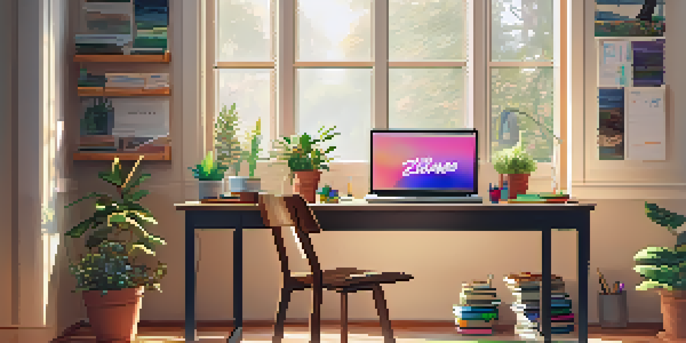 A cozy study setup with a laptop, notebooks, and a potted plant, bathed in soft natural light.