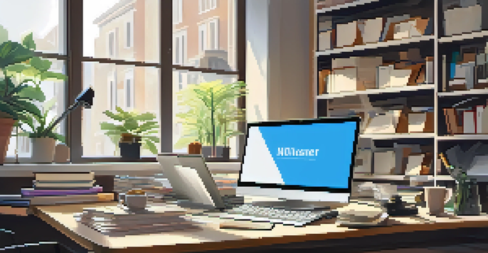 A bright and organized workspace with a laptop showing social media, books, and a corkboard filled with notes.