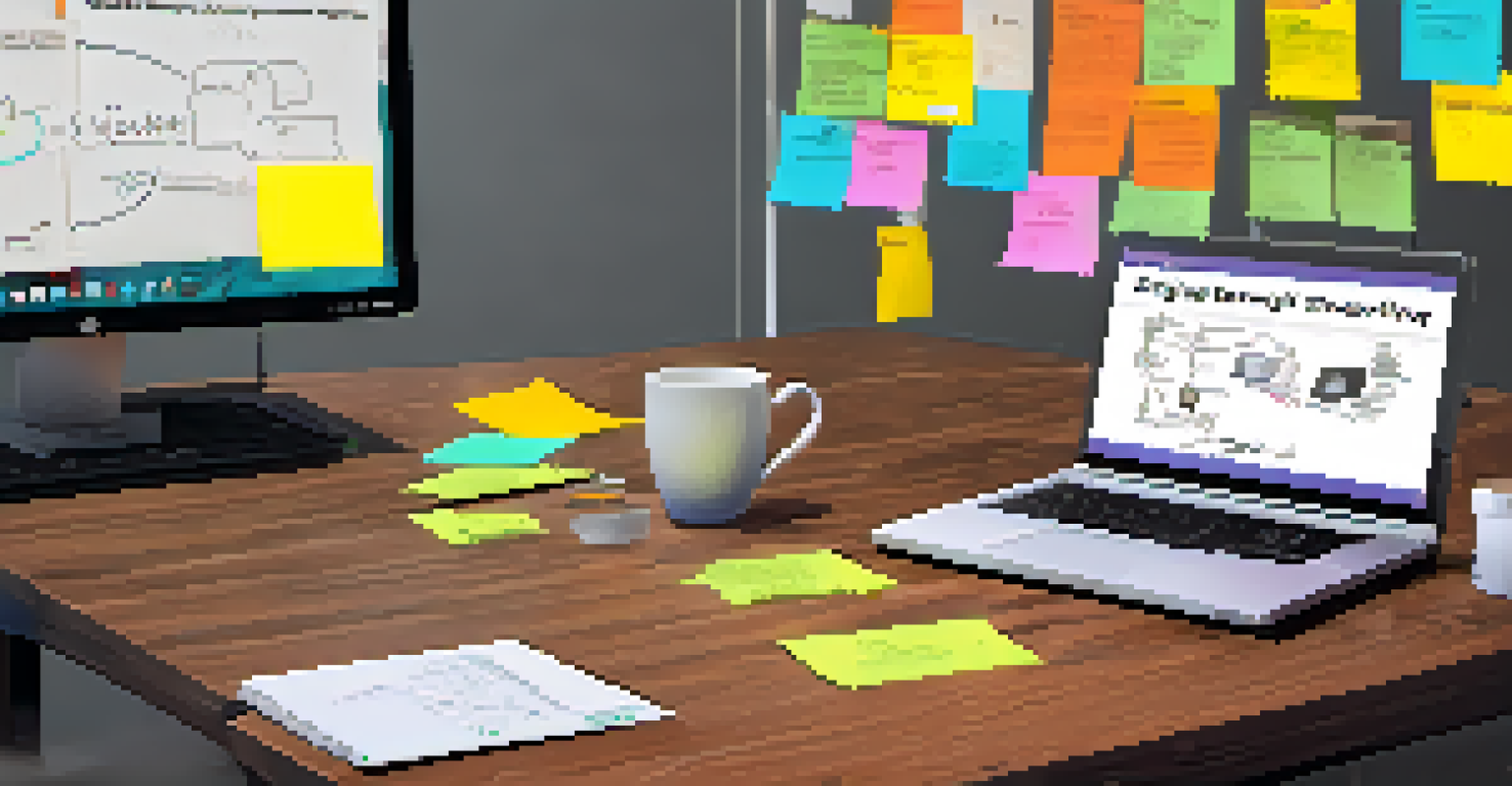 A desk setup with a laptop showing a multimedia presentation, surrounded by colorful notes and a coffee cup.