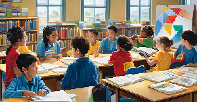A bright classroom with students actively engaged in a collaborative learning project, surrounded by science materials and colorful educational posters.