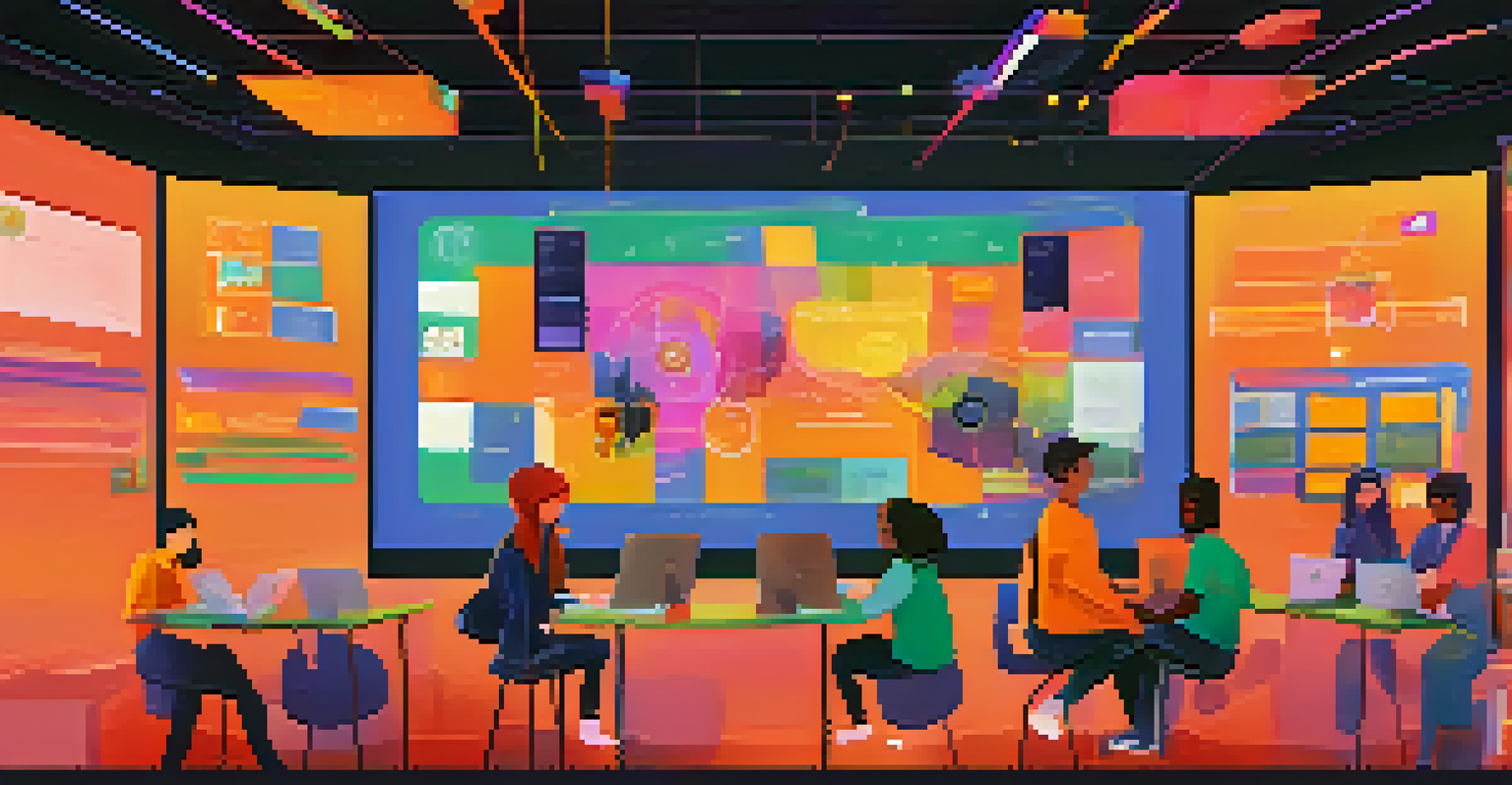 A digital platform showing students collaborating on a narrative, with colorful graphics and character designs, emphasizing creativity and teamwork.