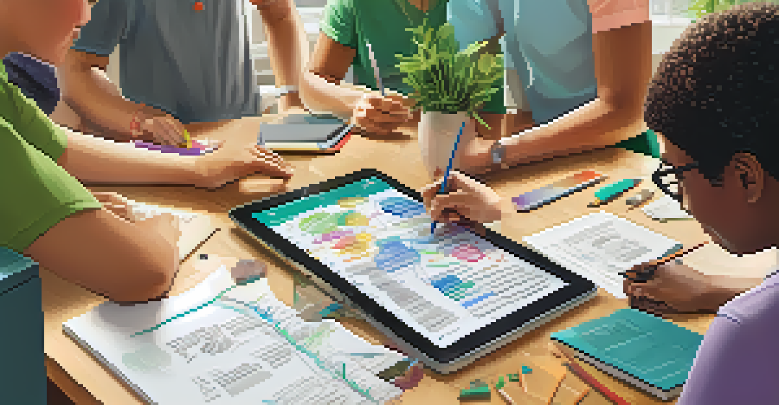 Close-up of teachers collaborating on a project using a tablet, with notes and resources on a table, and greenery visible through a window.