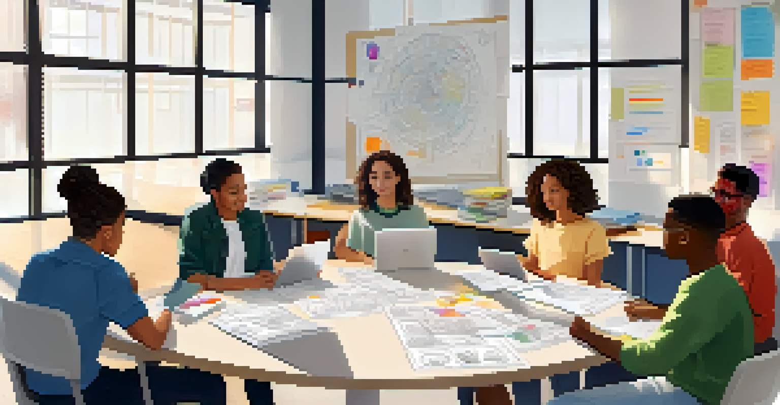 A diverse group of students collaborating and brainstorming ideas for their digital portfolios in a bright classroom.