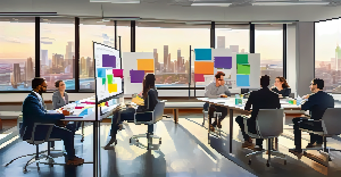 A vibrant workshop scene with diverse professionals discussing in a modern conference room, bright windows showing a city view.